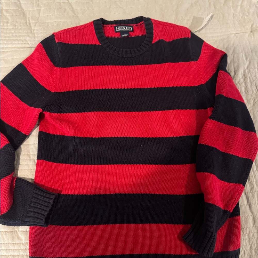 Vintage Land’s End Red and Navy Striped Crewneck Sweater